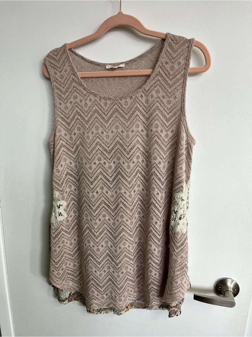 Mystree Taupe Chevron Crochet Accent Sleeveless Top